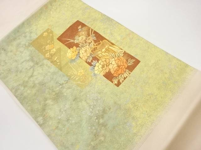 金彩短冊に御所車・草花模様名古屋帯【中古】【着】 宗sou