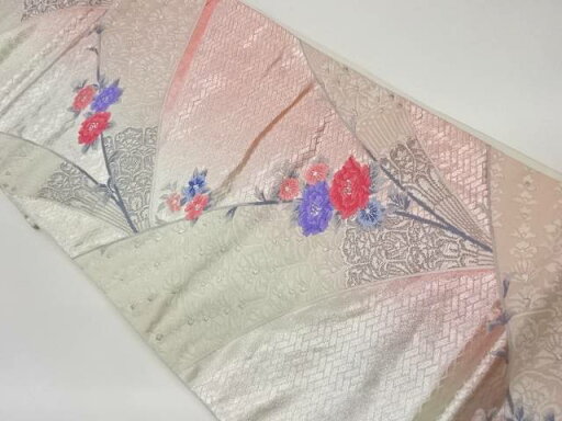 プラチナ二重箔曲線に花々・檜垣模様織出し袋帯【中古】【着】 宗sou プラチナ二重箔曲線に花々・檜垣模様織出し袋帯【中古】【着】 宗sou