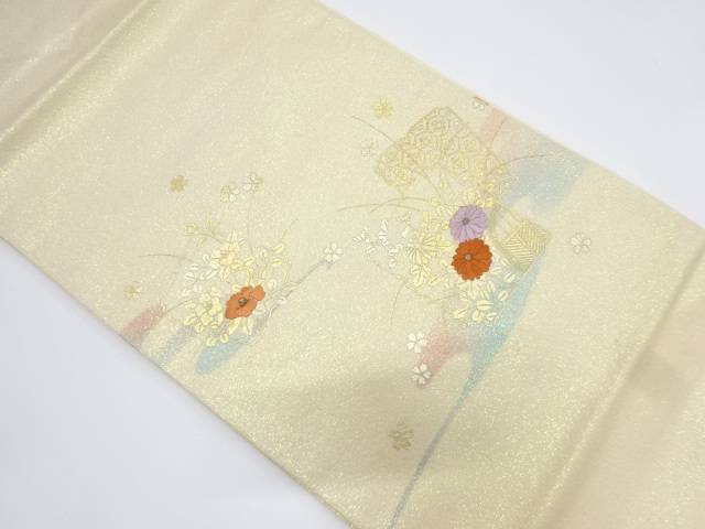 箔置き破れ色紙に菊・椿模様刺繍名古屋帯【中古】【着】 宗sou