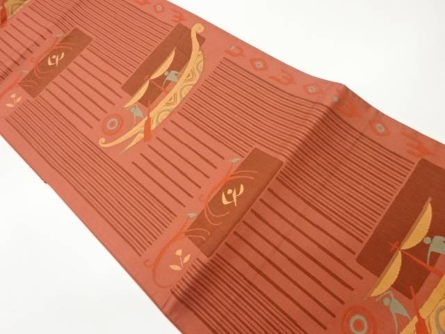 縞に船・人物模様織出し袋帯【中古】【着】 宗sou