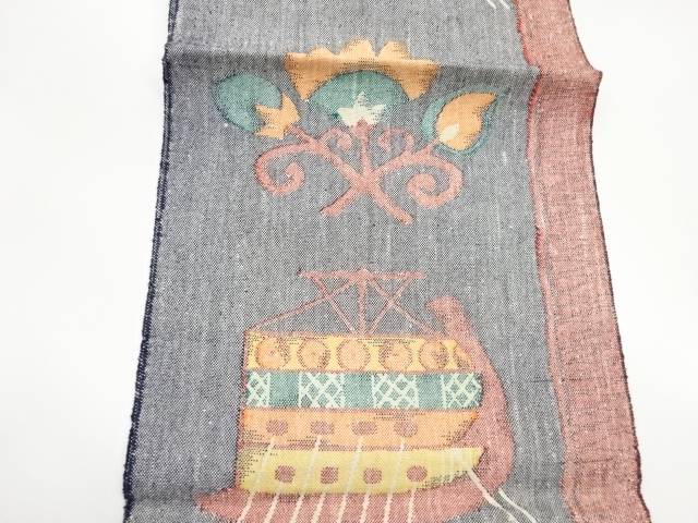 手織り真綿紬舟に抽象草花模様織出し名古屋帯【中古】【着】 宗sou