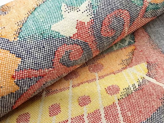 手織り真綿紬舟に抽象草花模様織出し名古屋帯【中古】【着】 宗sou