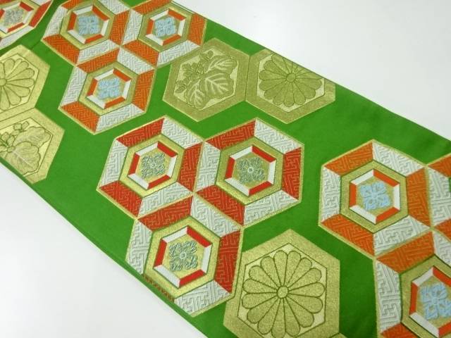 亀甲に花・菊桐模様織出し袋帯（着用可）【アンティーク】【中古】【着】 宗sou