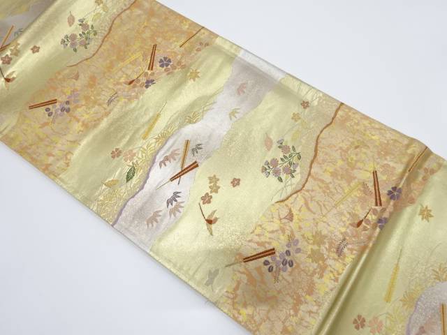 よろけ横段に秋草・扇模様織り出し袋帯【中古】【着】 宗sou