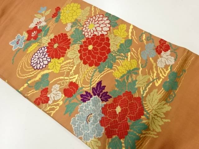 流水に菊・牡丹模様織出し名古屋帯(着用可)【アンティーク】【中古】【着】 宗sou