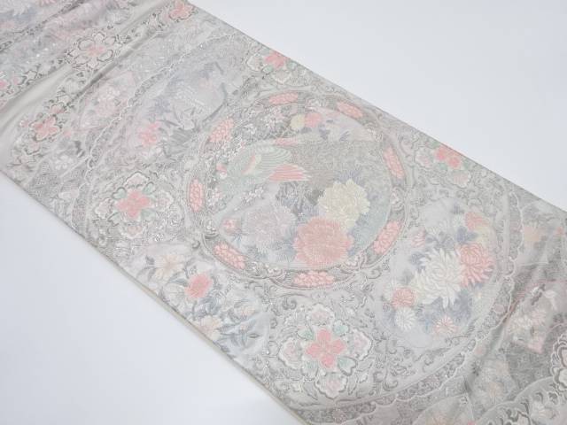 プラチナ箔 色紙草花孔雀紋様織り出し袋帯【中古】【着】 宗sou