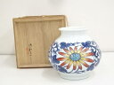京焼 三浦竹軒造 青華色絵菊花紋花瓶(共箱)【中古】【道】 宗sou