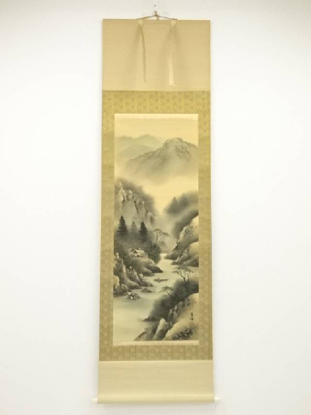昇峰筆　山水　肉筆絹本掛軸【中古】【道】 宗sou