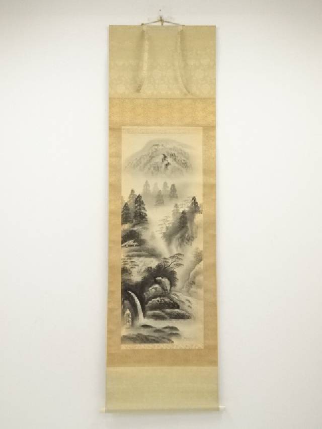 樹海筆　水墨山水　肉筆絹本掛軸（共箱）【中古】【道】 宗sou