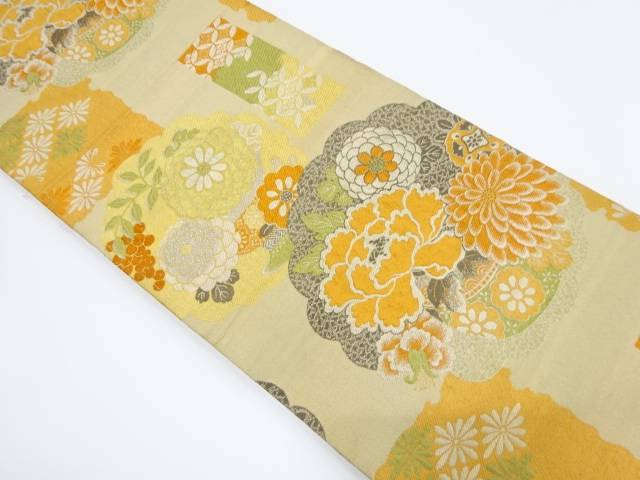 花瓶に菊・牡丹・南天模様織り出し丸帯（材料）【アンティーク】【中古】【着】 宗sou