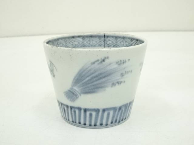 江戸末期　古伊万里　染付稲束雀文蕎麦猪口【道】 宗sou