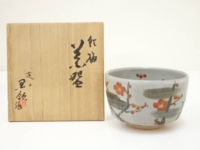 国領拡治造　色絵紅梅茶碗（銘：初音）（共箱）【中古】【道】 宗sou