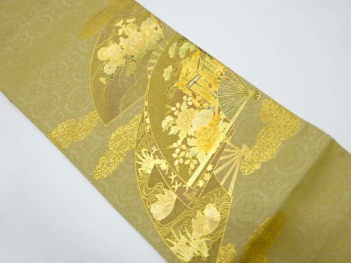 金彩螺鈿 扇面に御所車・草花模様袋帯【中古】【着】 宗sou 金彩螺鈿 扇面に御所車・草花模様袋帯【中古】【着】 宗sou