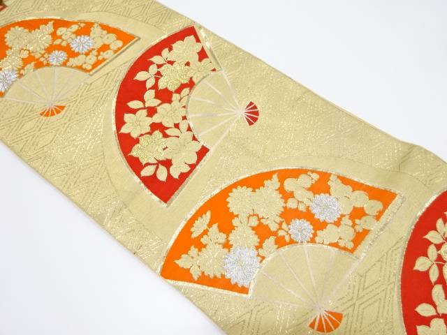 扇に草花模様織り出し袋帯(材料)【アンティーク】【中古】【着】 宗sou