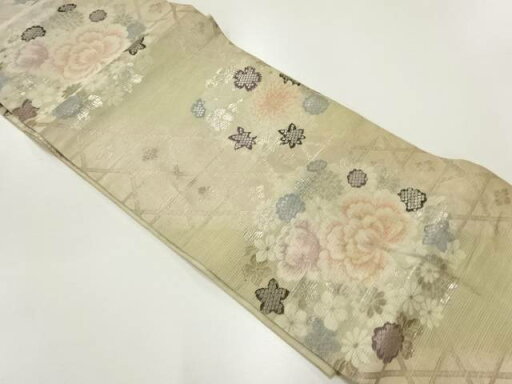 絽籠目に花丸文様織出し名古屋帯(材料)【アンティーク】【中古】【着】 宗sou 絽籠目に花丸文様織出し名古屋帯(材料)【アンティーク】【中古】【着】 宗sou