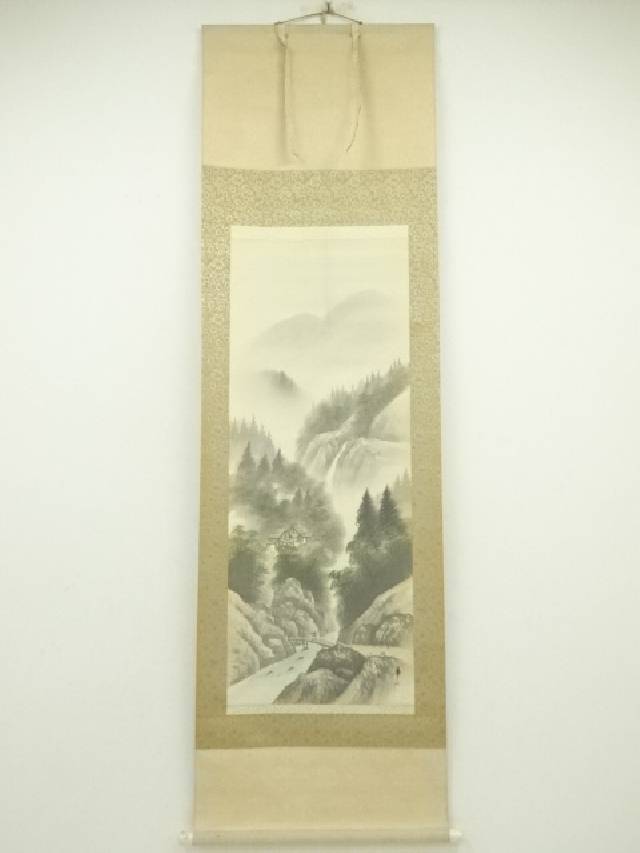 華秋筆　淡色山水　肉筆絹本掛軸（紙箱）【中古】【道】 宗sou