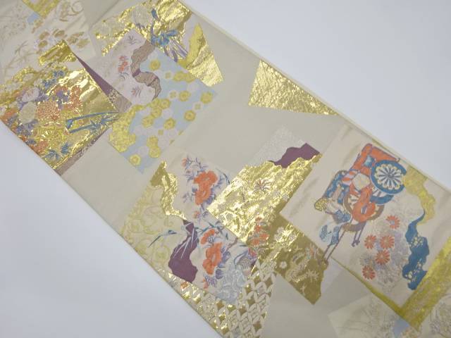重ね色紙に御所車・花模様織り出し袋帯(材料)【アンティーク】【中古】【着】 宗sou