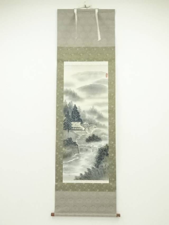 福田素仙筆　淡色山水　肉筆絹本掛軸【中古】【道】 宗sou