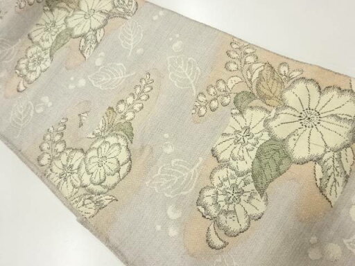 手織り真綿紬霞に草花模様織出し名古屋帯【アンティーク】【中古】【着】 宗sou 手織り真綿紬霞に草花模様織出し名古屋帯【アンティーク】【中古】【着】 宗sou