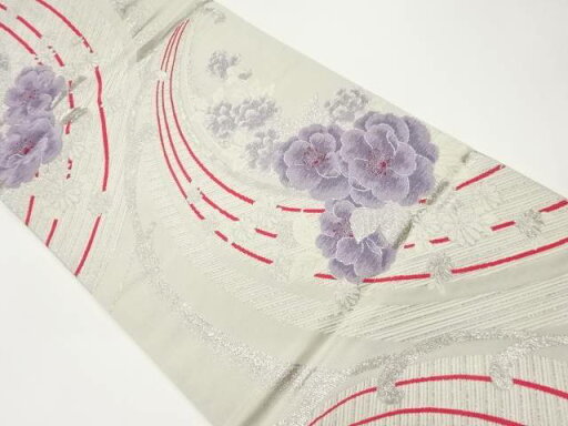 曲線に花々模様織出し袋帯【中古】【着】 宗sou 曲線に花々模様織出し袋帯【中古】【着】 宗sou