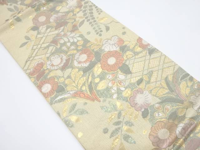 花に格子模様織り出し袋帯【中古】【着】 宗sou