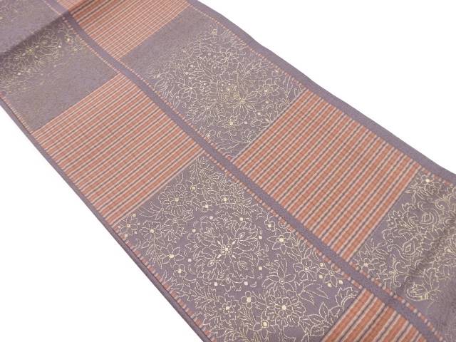 枡に花更紗模様織り出し袋帯【中古】【着】 宗sou