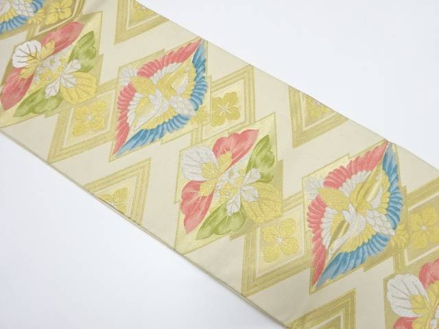 松皮菱・桐・向い鶴模様織り出し袋帯（材料）【アンティーク】【中古】【着】 宗sou