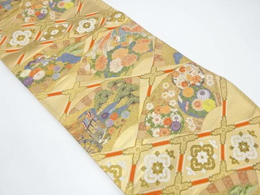 地紙に鳳凰・草花・御所車模様織出し袋帯【中古】【着】 宗sou 地紙に鳳凰・草花・御所車模様織出し袋帯【中古】【着】 宗sou