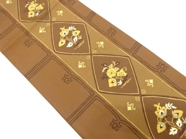 縞に菱・草花模様織出し袋帯【中古】【着】 宗sou