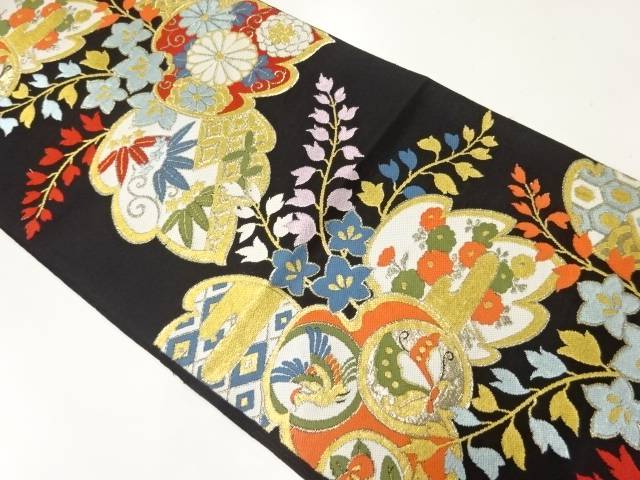 桐に花鳥・蝶模様織出し袋帯(材料)【アンティーク】【中古】【着】 宗sou
