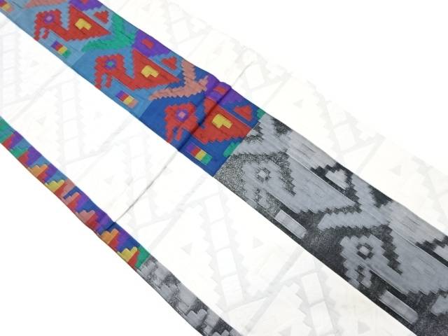 縞に抽象鳥模様織出し袋帯(材料)【アンティーク】【中古】【着】 宗sou