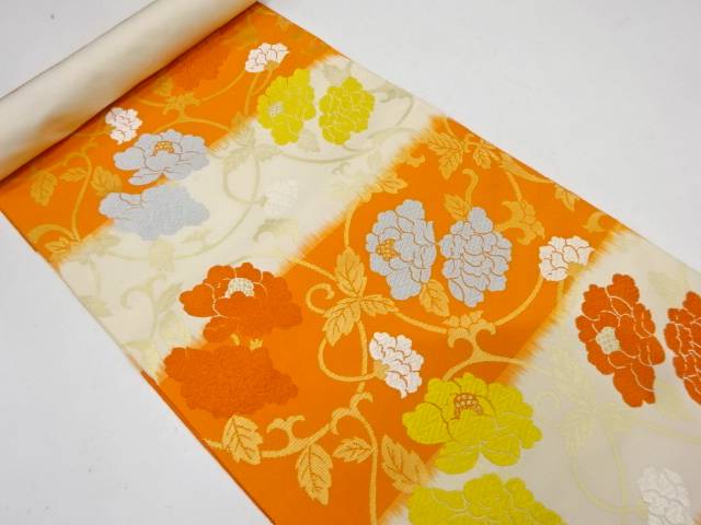 牡丹唐草模様織出し名古屋帯地反物【アンティーク】【中古】【着】 宗sou