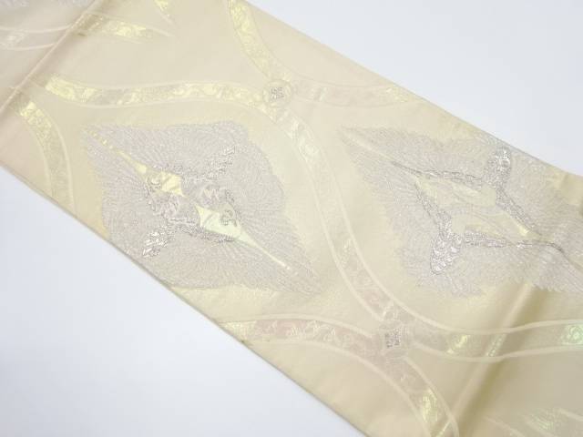 破れ立涌に向かい鶴・鳳凰模様織出し袋帯（材料）【アンティーク】【中古】【着】 宗sou