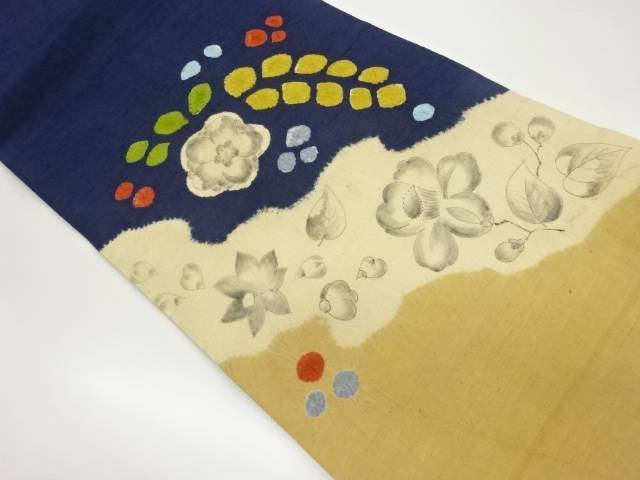 手織り紬絞り手描き辻ヶ花・葉・花模様名古屋帯【中古】【着】 宗sou