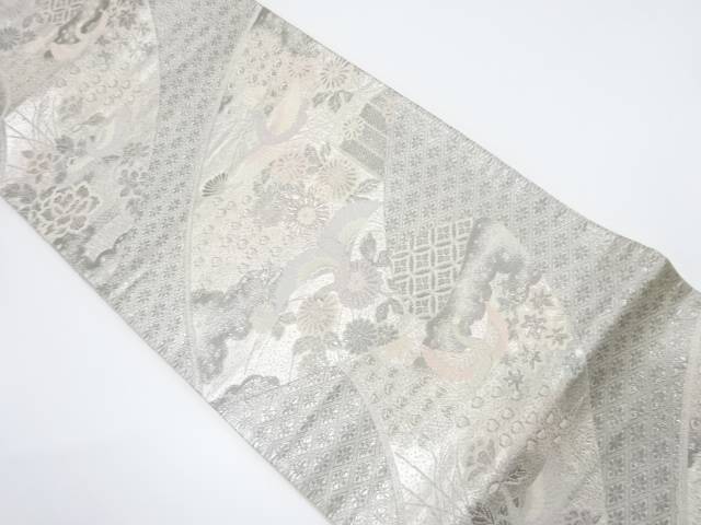 プラチナ通し二重箔 鳳凰に花・古典柄織り出し袋帯(材料)【アンティーク】【中古】【着】 宗sou