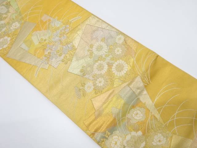 色紙に菊・萩・牡丹模様織り出し袋帯（材料）【アンティーク】【中古】【着】 宗sou