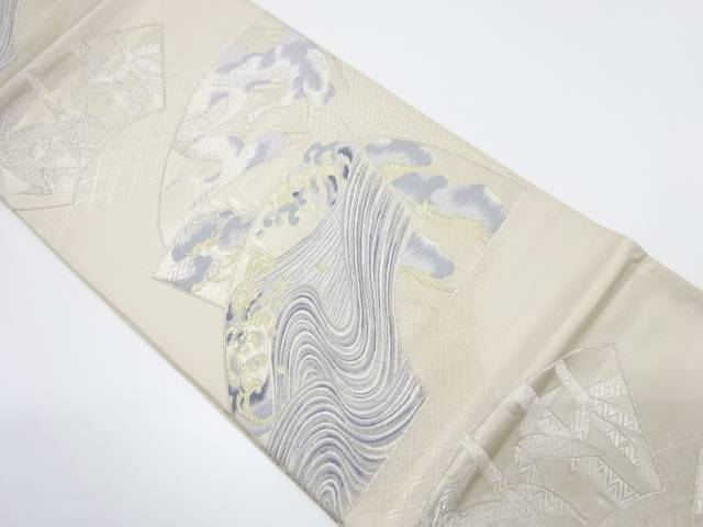 地紙に荒波・鶴・松竹模様織り出し袋帯（材料）【アンティーク】【中古】【着】 宗sou