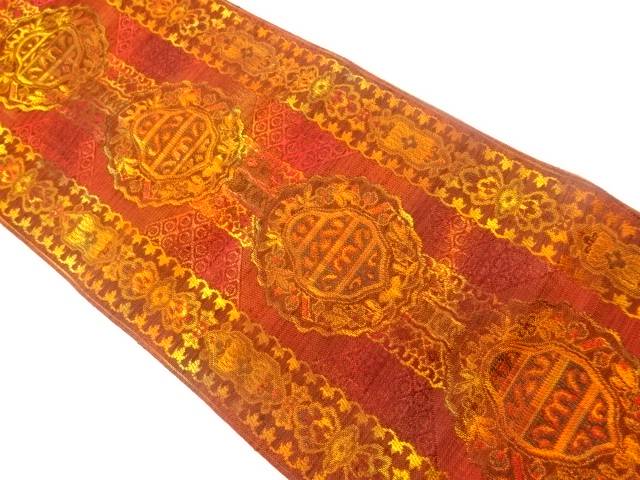 手織り紬縞に抽象華紋模様織出し名古屋帯【中古】【着】 宗sou【spoff】