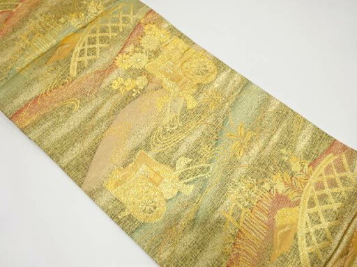 本金御所車に光悦垣・草花模様織り出し袋帯【中古】【着】 宗sou 本金御所車に光悦垣・草花模様織り出し袋帯【中古】【着】 宗sou