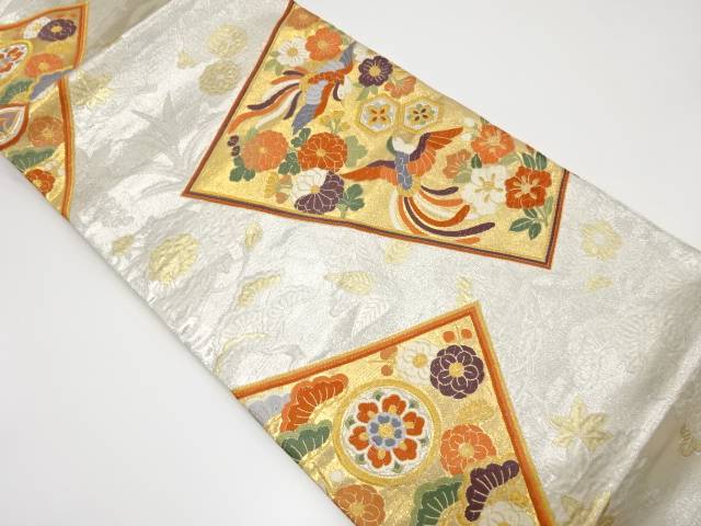 色紙に尾長鳥・花模様織出し袋帯【中古】【着】 宗sou