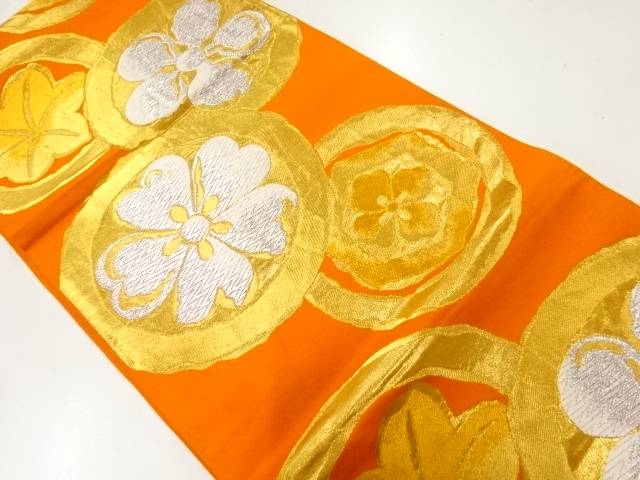 丸紋に梅・桜模様織出し袋帯(材料)【アンティーク】【中古】【着】 宗sou