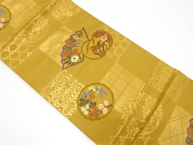 唐織 地紙に草花・古典柄織り出し名古屋帯【中古】【着】 宗sou
