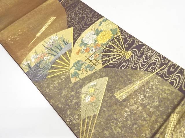 本金 流水に花扇模様織り出し袋帯【中古】【着】 宗sou