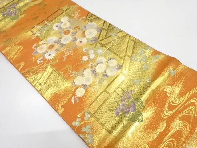 織弓司　垣根に菊・秋草・菖蒲模様織り出し袋帯【中古】【着】 宗sou