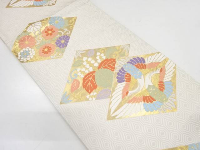 菱に向かい鶴・桐・菊模様織り出し袋帯【中古】【着】 宗sou