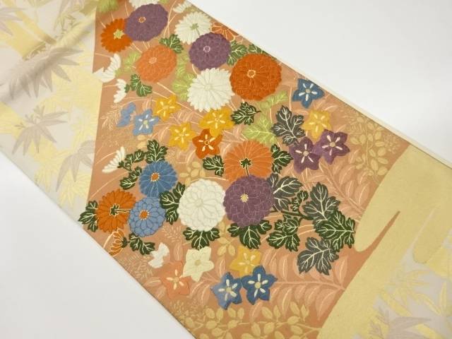 秋草に竹模様織出し袋帯【中古】【着】 宗sou
