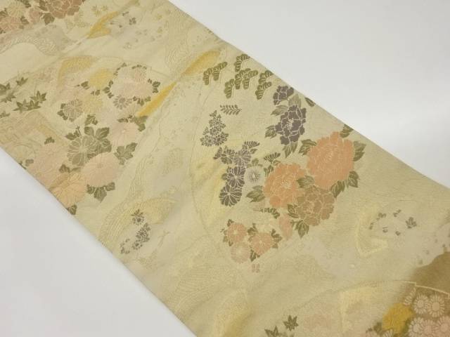 松に花々・御所車模様織出し袋帯【中古】【着】 宗sou