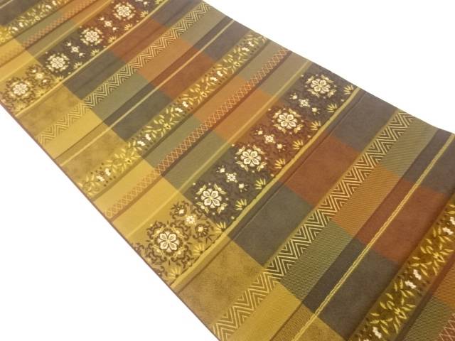 横段に華文・唐草模様織出し全通洒落袋帯【中古】【着】 宗sou