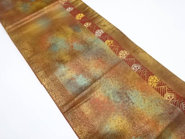 引箔　縞に波・片輪車模様織り出し袋帯【中古】【着】 宗sou