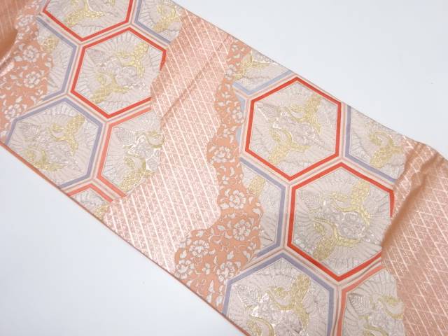 亀甲繋ぎに向かい鶴・花唐草模様織り出し袋帯【中古】【着】 宗sou